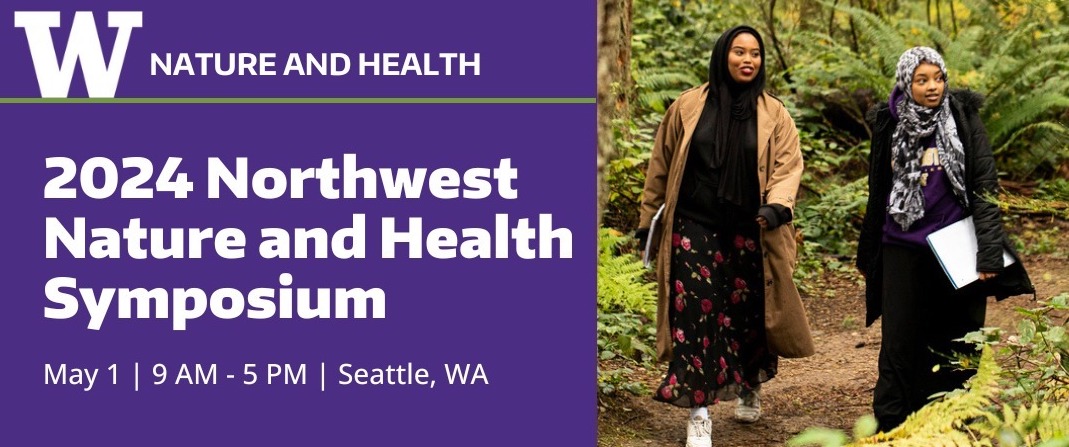 Nature & Health Symposium flyer, with image of two women walking in a forest