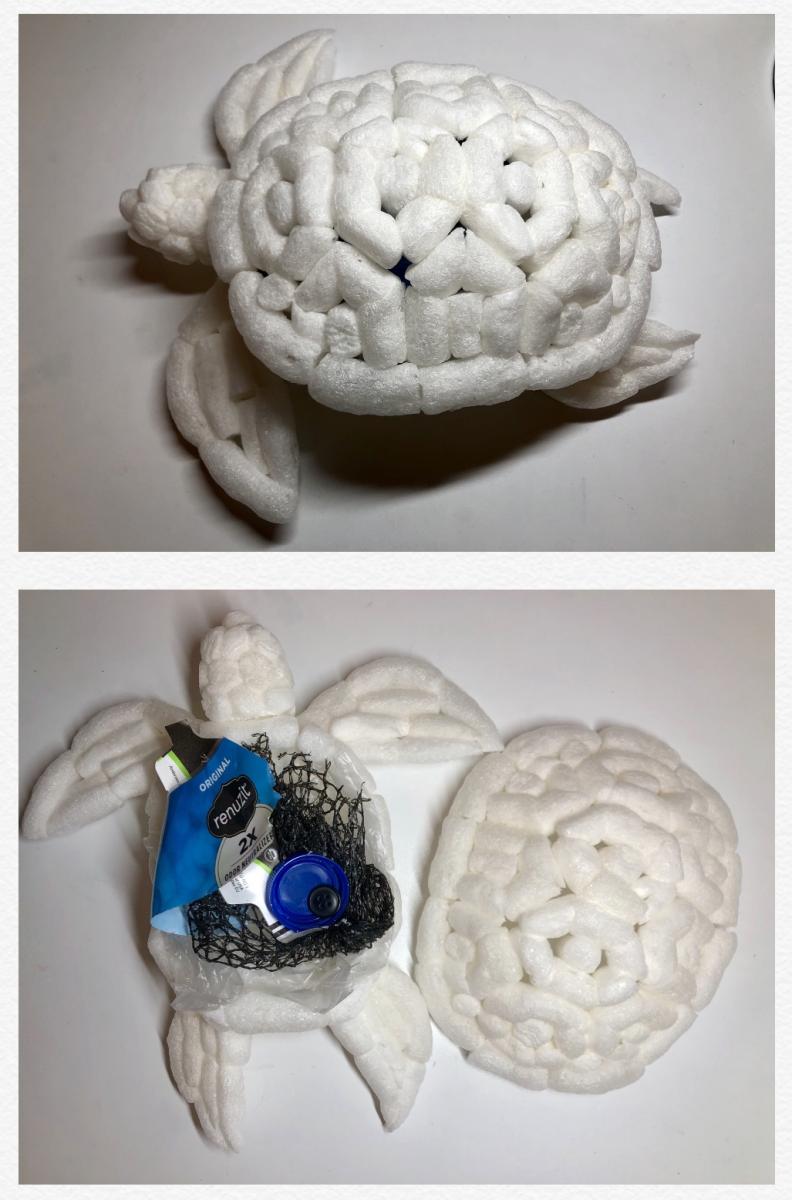 A sea turtle sculpted out of packing peanuts. Other plastic materials such as a plastic bag, a plastic mesh bag and a plastic button are used to express ingested plastics in a turtle’s body