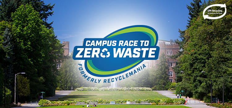 campus race to zero waste logo on a photo of the UW campus
