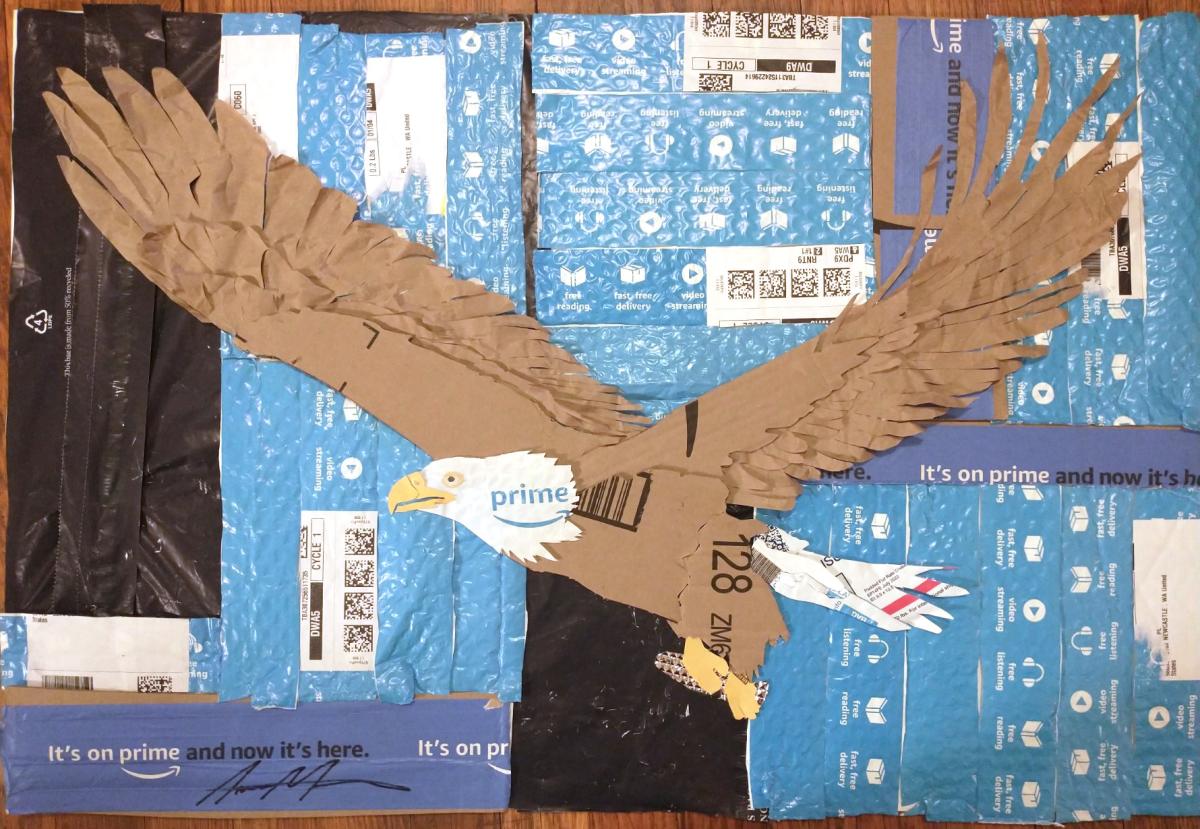 artwork of a bald eagle made from leftover packaging material