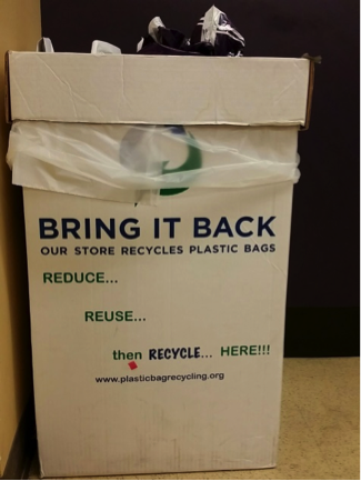 Photo of a recycling bin for plastic bags.