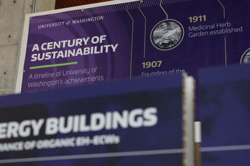 A timeline of UW&#039;s sustainability efforts is included in the exhibit